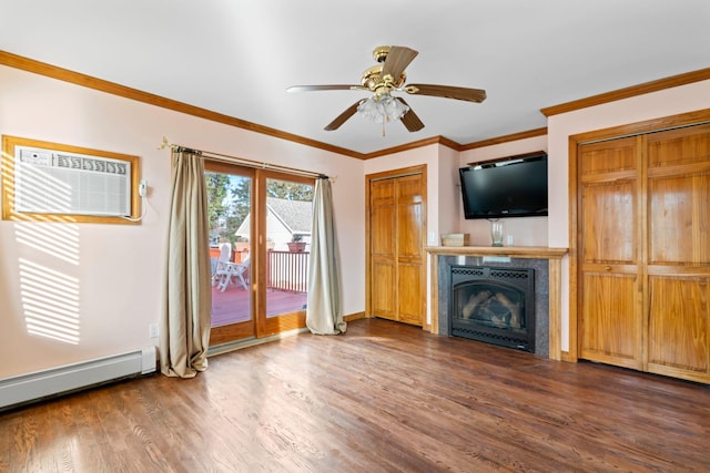 unfurnished living room with crown molding, a fireplace, baseboard heating, and wood finished floors