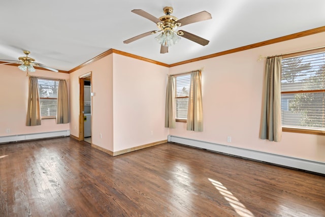 unfurnished room with baseboards, a baseboard radiator, ornamental molding, and wood finished floors