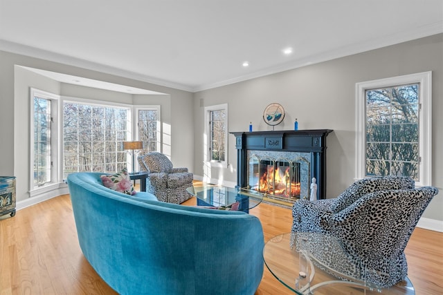 living room with a premium fireplace, hardwood / wood-style floors, a healthy amount of sunlight, and ornamental molding