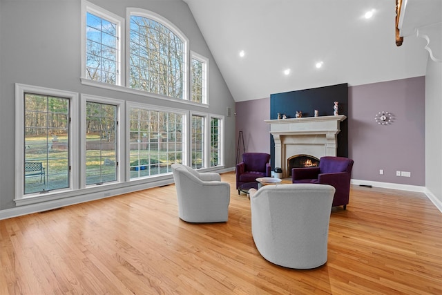 living room with high vaulted ceiling, light hardwood / wood-style flooring, and a wealth of natural light