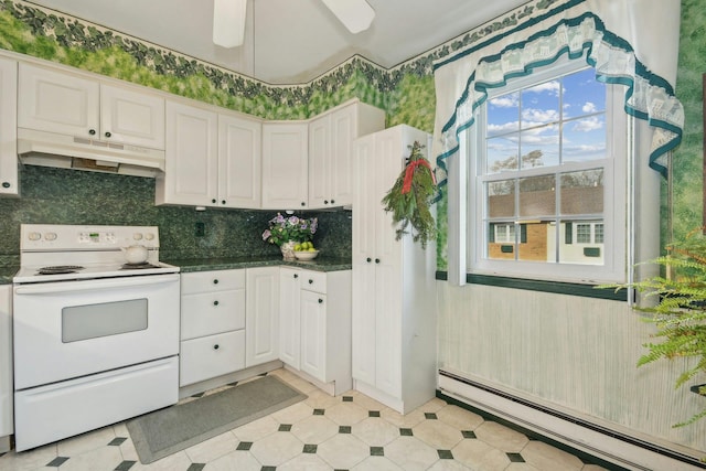 kitchen featuring ceiling fan, white electric range oven, tasteful backsplash, a baseboard heating unit, and white cabinets