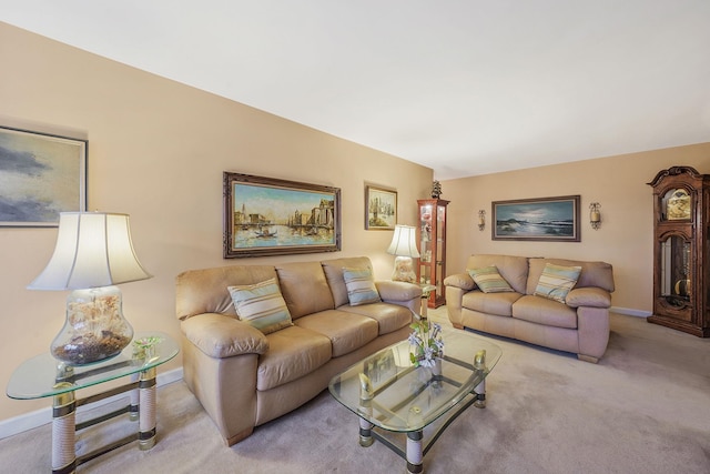 living room featuring light carpet