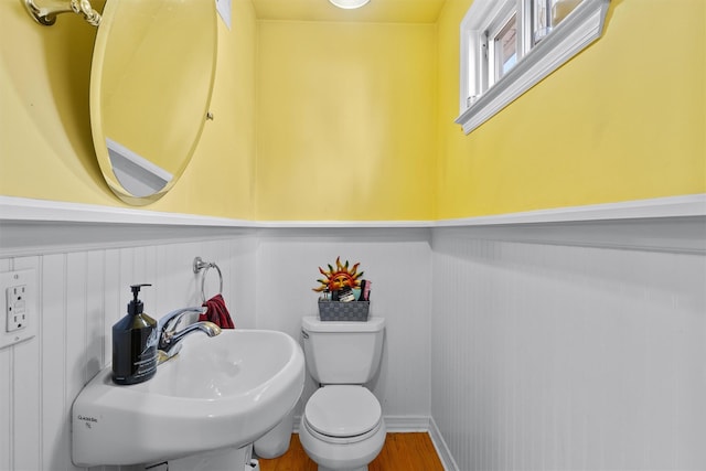 bathroom with sink, toilet, and wood-type flooring