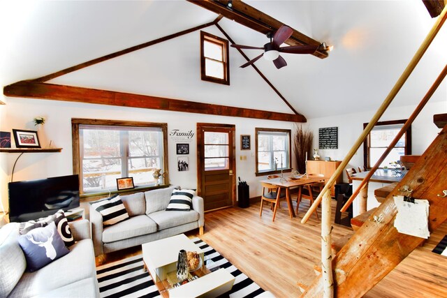 living room featuring ceiling fan, beamed ceiling, high vaulted ceiling, and wood-type flooring