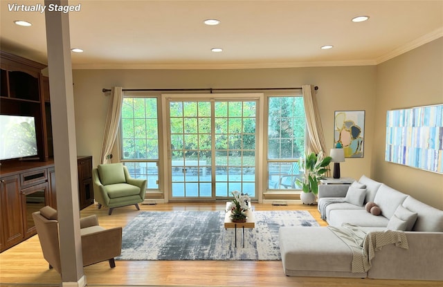 living room with crown molding and light hardwood / wood-style flooring