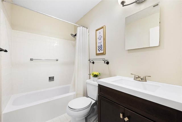 full bathroom featuring vanity, toilet, and shower / bath combination with curtain