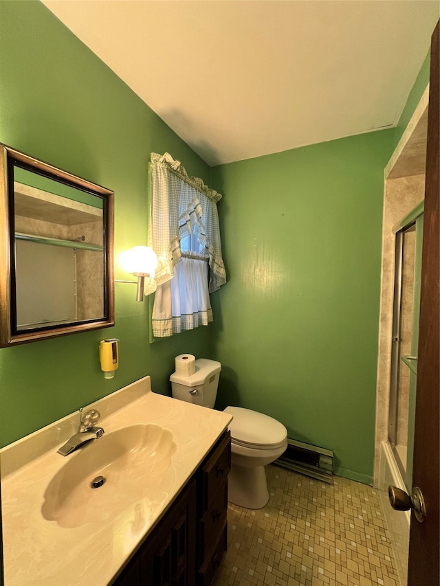 full bathroom featuring shower / bath combination with glass door, vanity, toilet, and baseboard heating