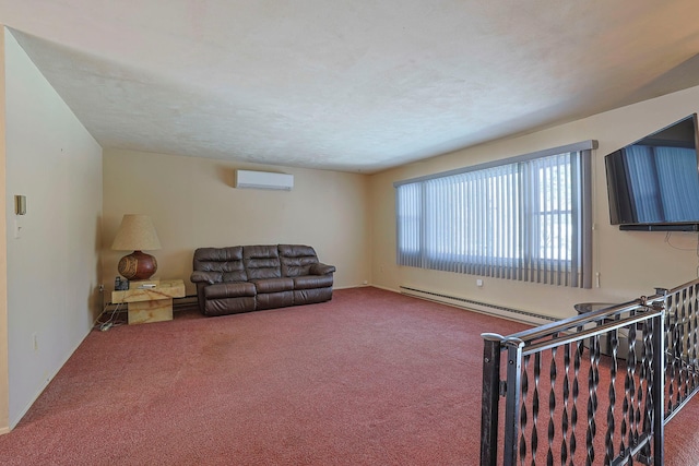 living room with a wall unit AC, a baseboard radiator, carpet, and a textured ceiling