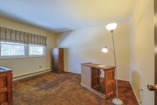 interior space with carpet floors, baseboards, and baseboard heating