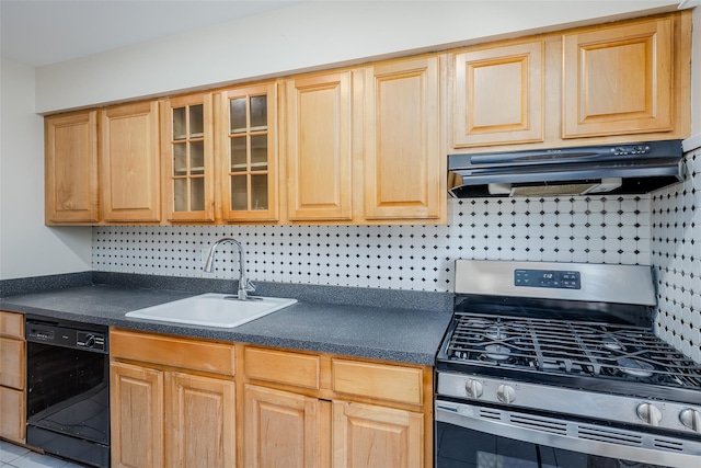 kitchen featuring sink, decorative backsplash, black dishwasher, and stainless steel range with gas stovetop