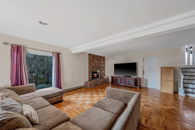 living room featuring a fireplace, beamed ceiling, and light parquet floors