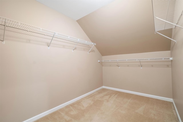 walk in closet with carpet floors and lofted ceiling