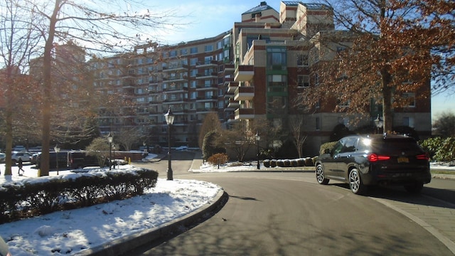 view of snow covered property