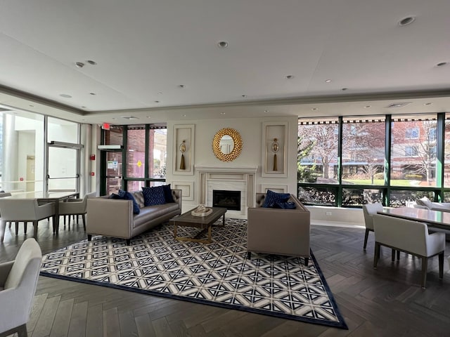 living room with parquet flooring