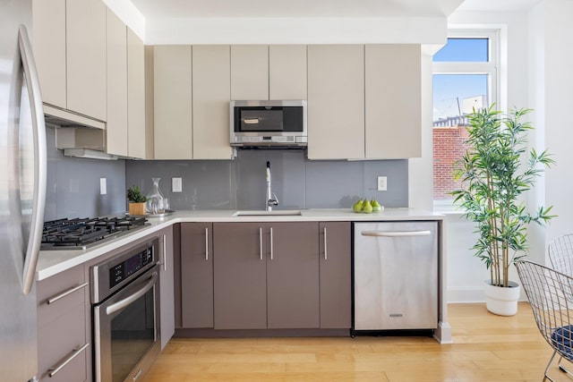 kitchen with gray cabinets, sink, stainless steel appliances, and light hardwood / wood-style floors