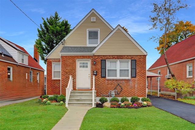 bungalow-style home featuring a carport, a front lawn, and cooling unit