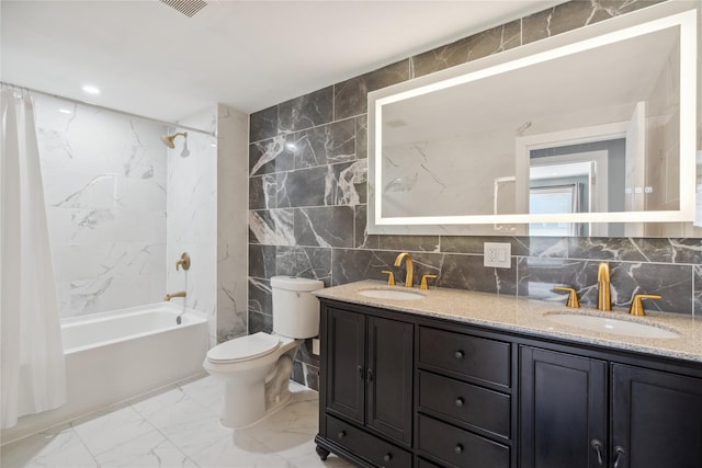 full bathroom featuring tasteful backsplash, vanity, shower / tub combo with curtain, tile walls, and toilet