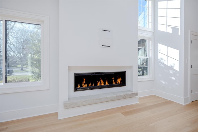 room details with baseboards, a lit fireplace, and wood finished floors