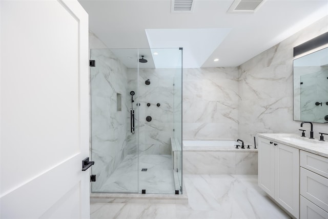 bathroom featuring marble finish floor, visible vents, and a marble finish shower