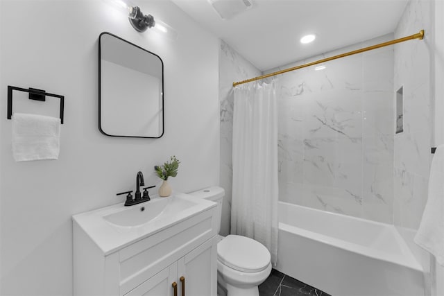 full bathroom with vanity, toilet, and shower / bathtub combination with curtain