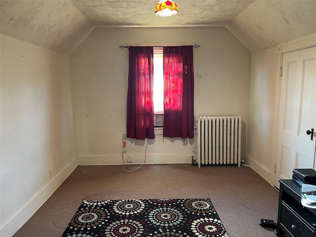 bonus room featuring a textured ceiling, carpet floors, radiator, and lofted ceiling