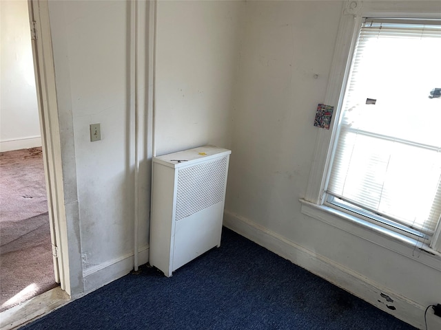 laundry room with radiator heating unit, plenty of natural light, and dark colored carpet