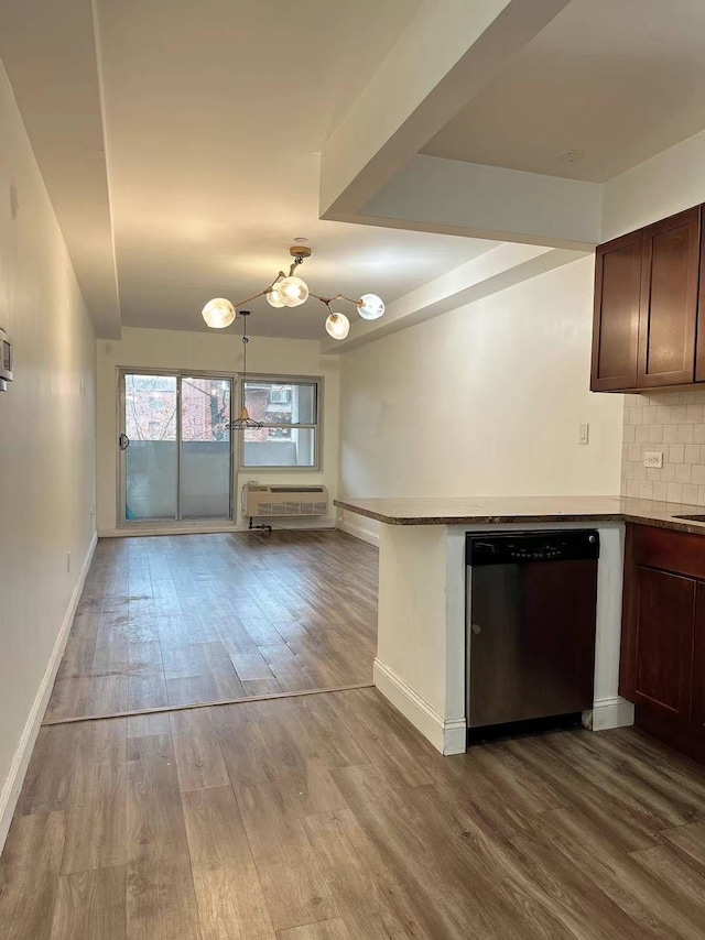 kitchen featuring dishwasher, dark brown cabinets, tasteful backsplash, and light hardwood / wood-style floors