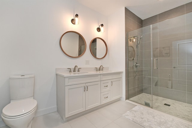 bathroom featuring tile patterned flooring, vanity, toilet, and a shower with shower door