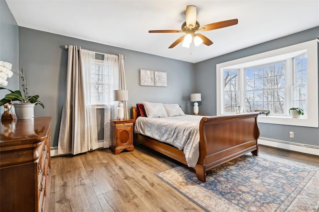 bedroom with ceiling fan, light hardwood / wood-style floors, and a baseboard heating unit