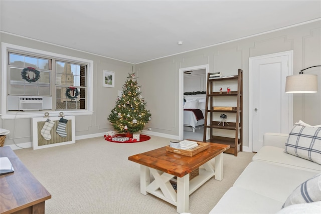 carpeted living room with cooling unit