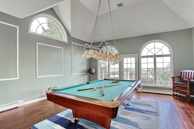 rec room featuring hardwood / wood-style flooring, a baseboard heating unit, and billiards