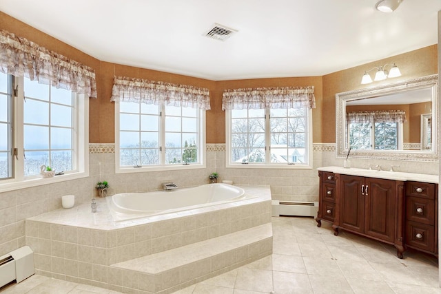 bathroom with vanity, a baseboard radiator, tile patterned floors, and tile walls