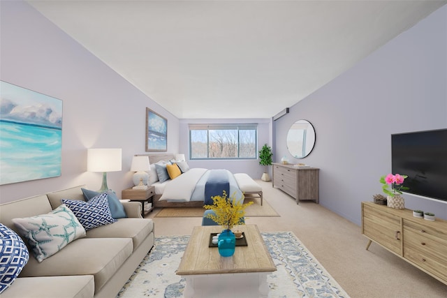 bedroom with light colored carpet