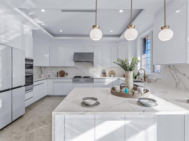 kitchen featuring a raised ceiling, white cabinetry, pendant lighting, and stainless steel appliances