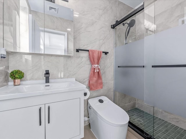 bathroom featuring walk in shower, vanity, and toilet