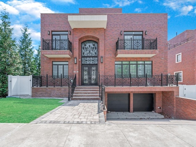 233-12 Bay St, Douglaston, NY 11363 - view of front facade featuring driveway, a garage, french doors, and brick siding
