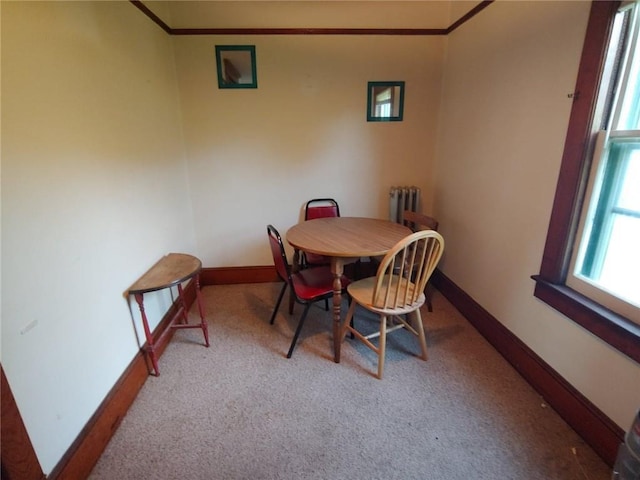 carpeted dining room featuring radiator heating unit and crown molding