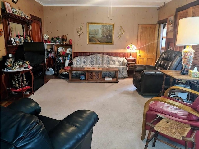 living room with crown molding and carpet floors