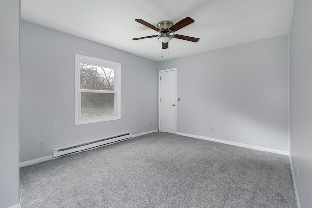 carpeted spare room with ceiling fan and a baseboard heating unit