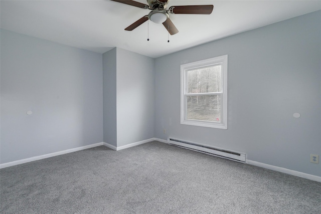 carpeted empty room featuring ceiling fan and baseboard heating