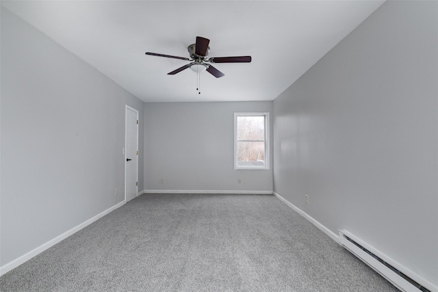 carpeted empty room featuring ceiling fan and baseboard heating