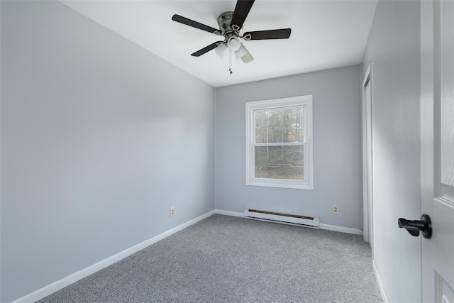 carpeted empty room with ceiling fan and baseboard heating