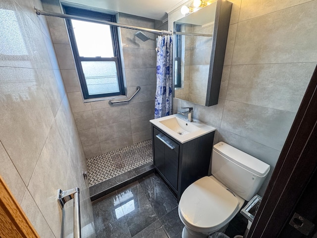 bathroom with toilet, tile walls, walk in shower, and vanity