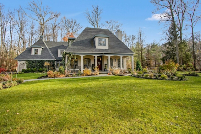 view of front of property featuring a front lawn and covered porch