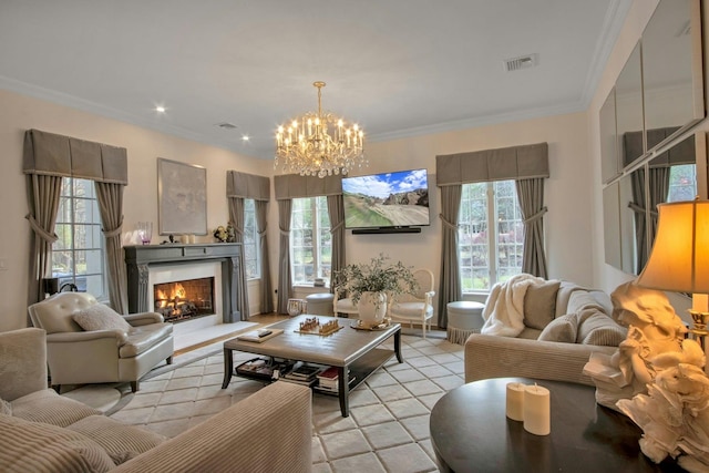 living room featuring a chandelier, light tile patterned floors, and crown molding