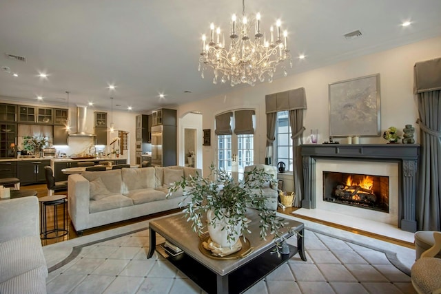 living room with a chandelier