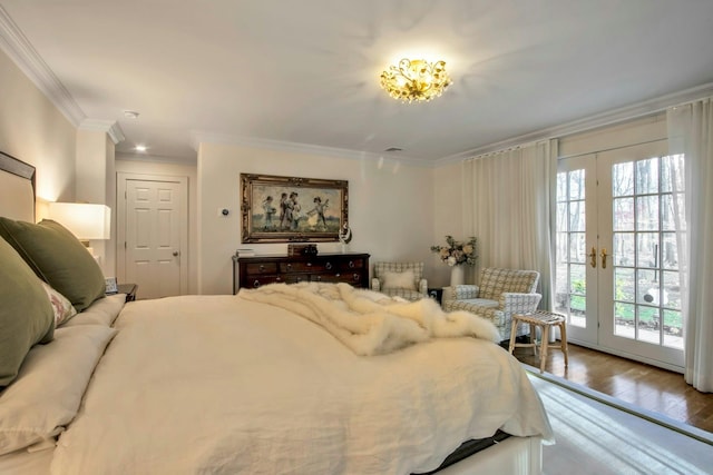 bedroom with french doors, crown molding, wood-type flooring, access to outside, and multiple windows