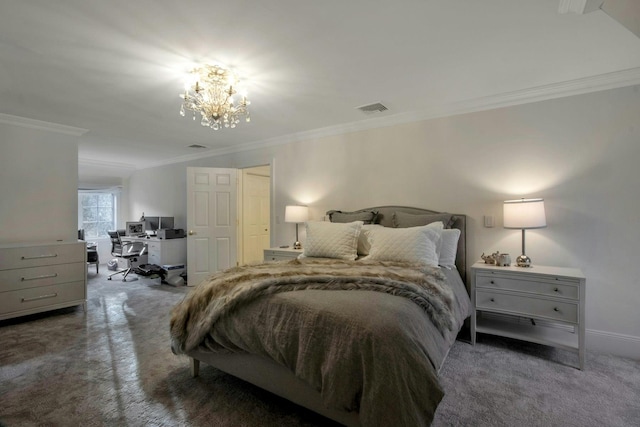 carpeted bedroom featuring crown molding and an inviting chandelier