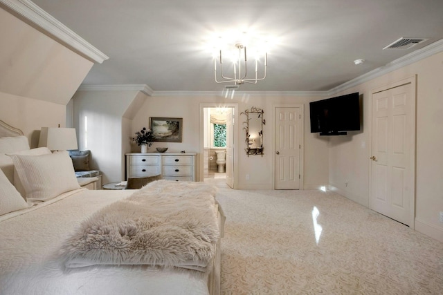 carpeted bedroom featuring ensuite bathroom and crown molding