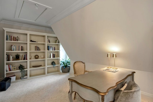 office space featuring carpet and ornamental molding